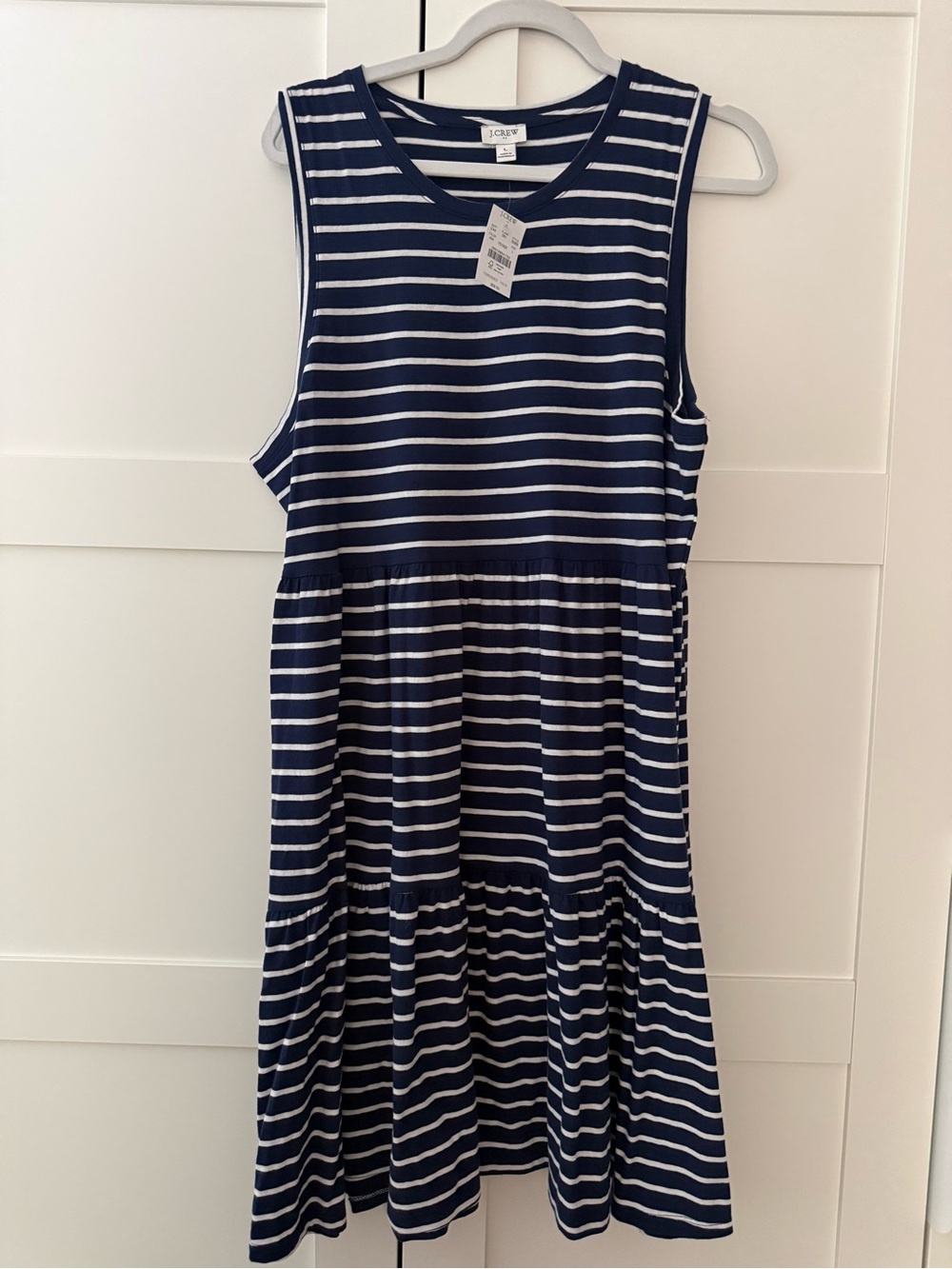 J. Crew Factory Navy and White Striped Sleeveless Tiered Dress, NWT Large